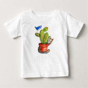 Whimsical Sneaky Cat with Cactus Baby T-Shirt