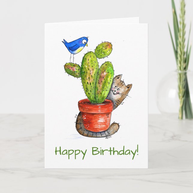 Whimsical Sneaky Cat with Cactus Card (Front)