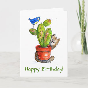 Whimsical Sneaky Cat with Cactus Card