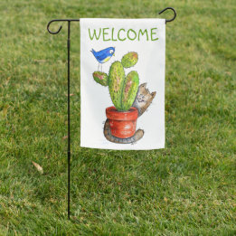 Whimsical Sneaky Cat with Cactus Garden Flag