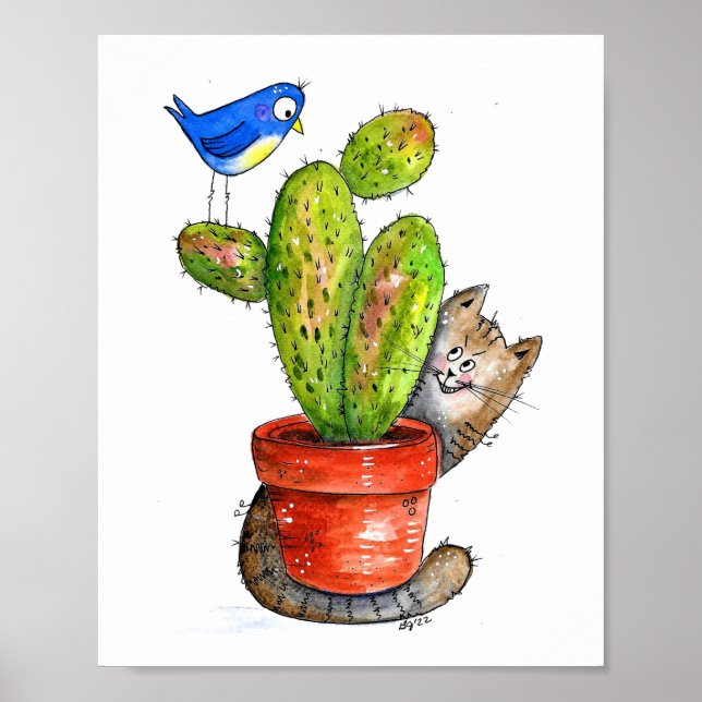 Whimsical Sneaky Cat with Cactus Poster (Front)