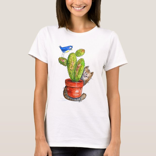 Whimsical Sneaky Cat with Cactus T-Shirt (Front)