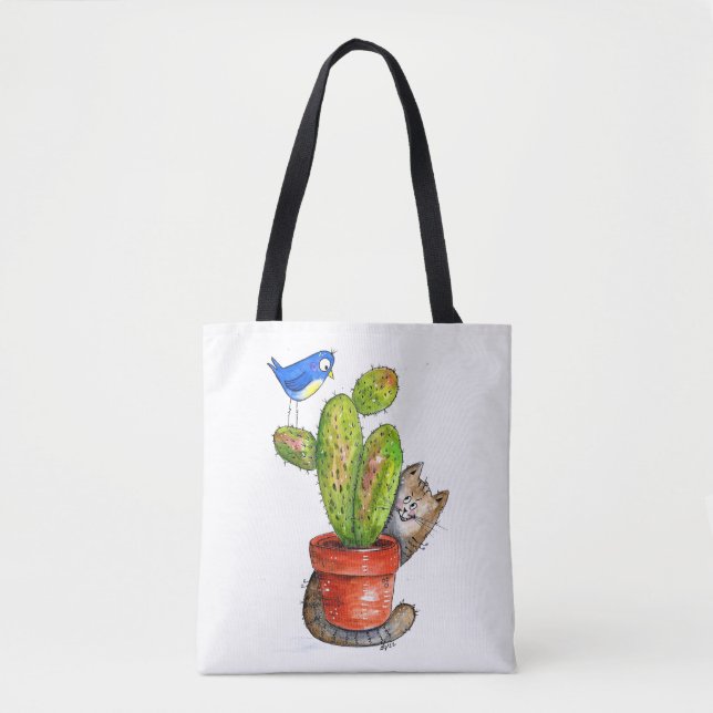 Whimsical Sneaky Cat with Cactus Tote Bag (Front)