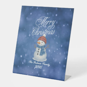 Whimsical Snow Man Merry Christmas Pedestal Sign