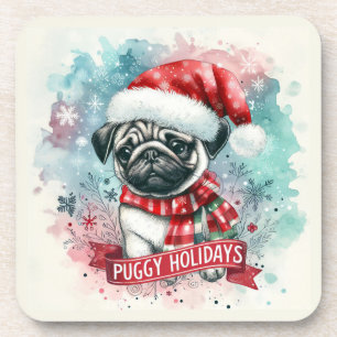 Whimsical Snowflake -,Charming Pug Dog Christmas Coaster