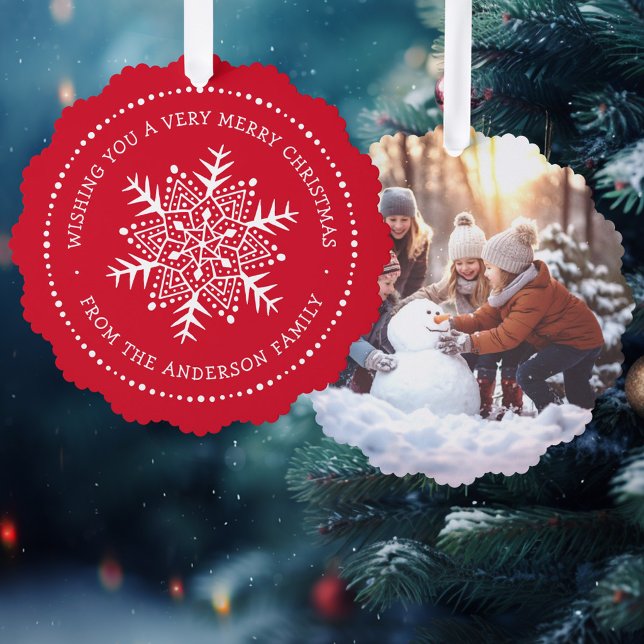 Whimsical snowflake dot border red tree decoration card (Whimsical snowflake dot border red ornament card)