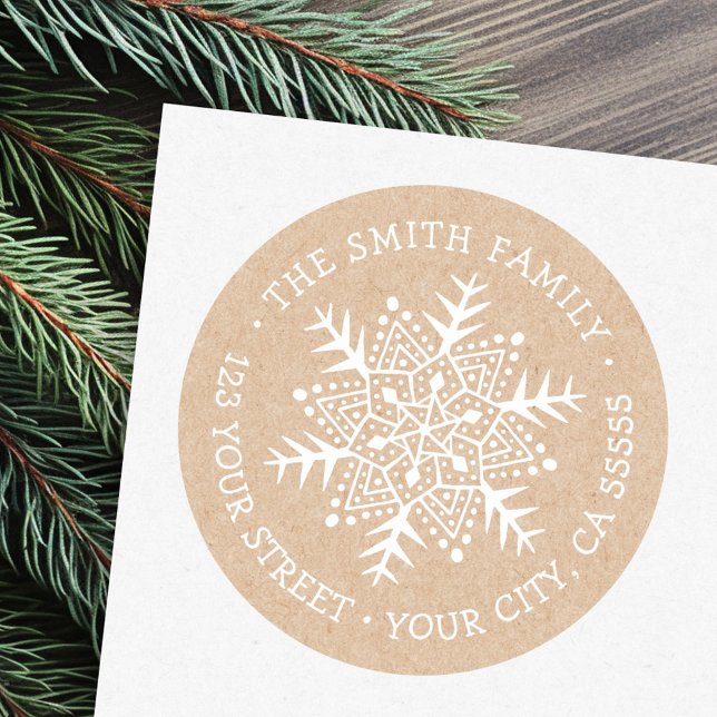 Whimsical snowflake Kraft look return address Classic Round Sticker (Whimsical snowflake Kraft look return address Classic Round Sticker)