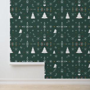 Whimsical Snowflakes and Christmas Trees Pattern Wallpaper