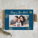 Whimsical Snowflakes Blue Happy Hanukkah Photo<br><div class="desc">Happy Hanukkah! Send warm wishes to family and friend with this gold foil Hanukkah card. It featrures whimsical snowflakes and modern calligraphy. Personalise this photo Hanukkah card by adding your own details. This snowflakes Hanukkah photo card is avialable in other colours and cardstock.</div>