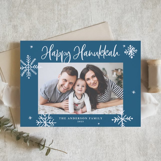 Whimsical Snowflakes Blue Happy Hanukkah Photo Holiday Card (Creator Uploaded)