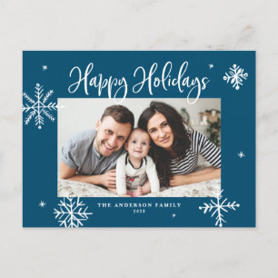 Whimsical Snowflakes Blue Happy Holidays Photo Holiday Postcard