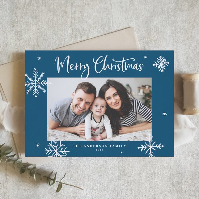 Whimsical Snowflakes Blue Merry Christmas Photo Holiday Card (Creator Uploaded)