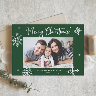 Whimsical Snowflakes Green Merry Christmas Photo Holiday Card
