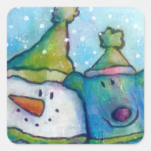 Whimsical snowman and dog sticker