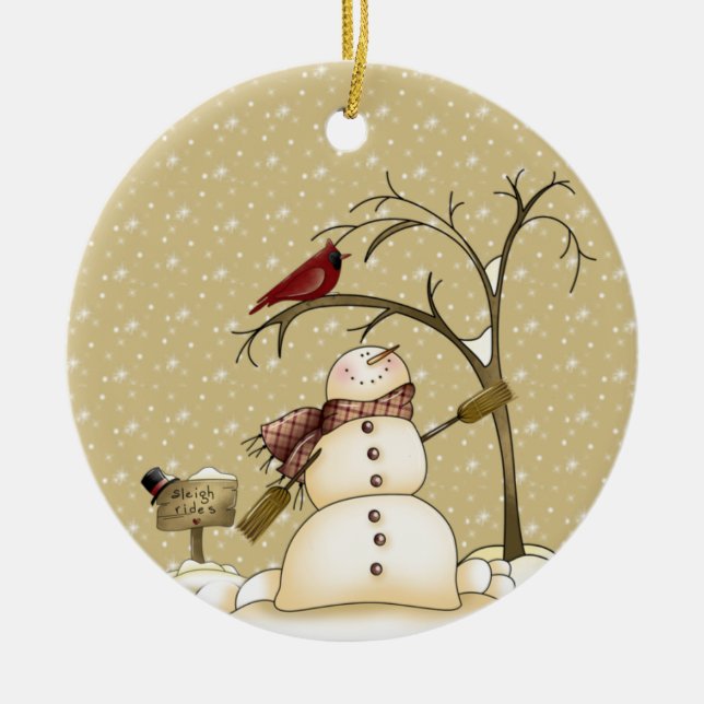 Whimsical Snowman and Red Bird Christmas Ceramic Tree Decoration (Front)