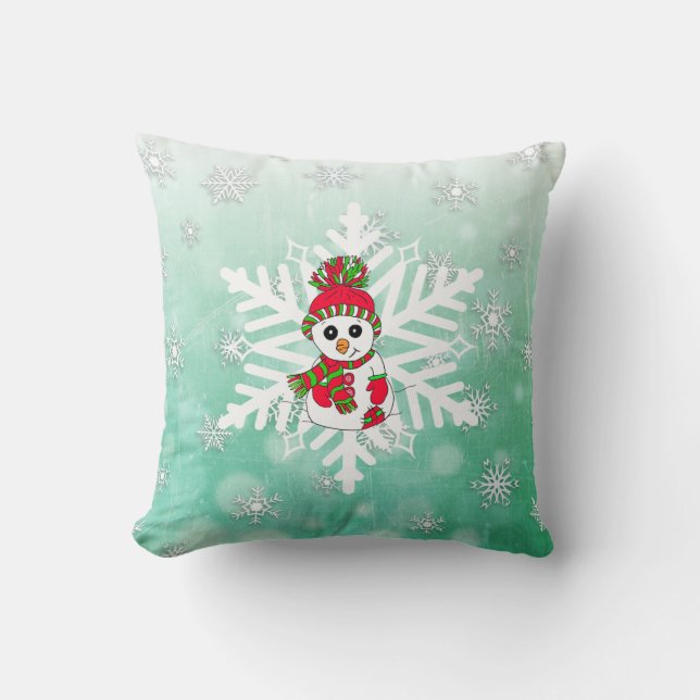 Whimsical Snowman and Snowflake Holiday Decor Cushion (Front)