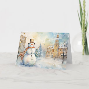 Whimsical Snowman in a Snowy Village Greeting Card