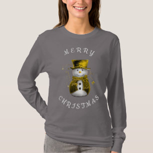 Whimsical Snowman in Gold Merry Christmas  T-Shirt