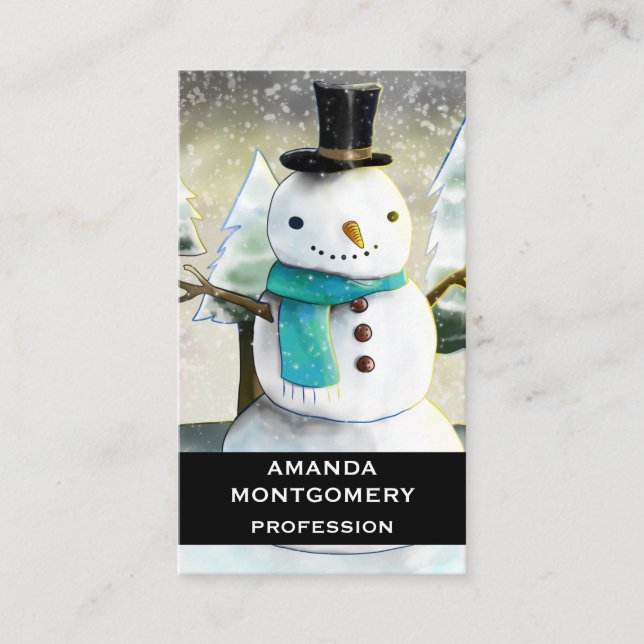 Whimsical Snowman in Winter Christmas Drawing Business Card (Front)