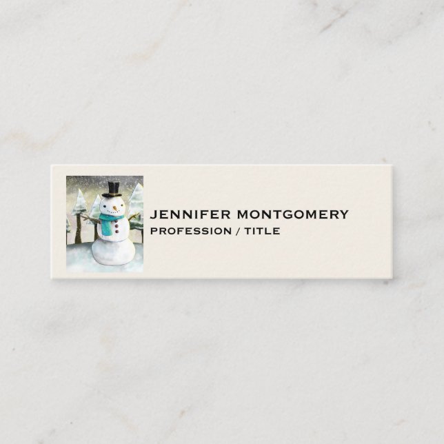 Whimsical Snowman in Winter Christmas Drawing Mini Business Card (Front)