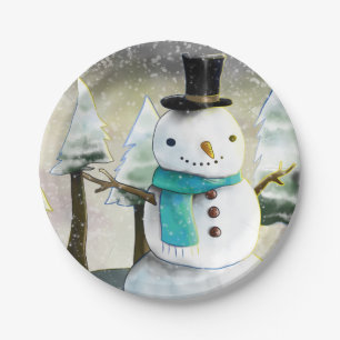Whimsical Snowman in Winter Christmas Drawing Paper Plate