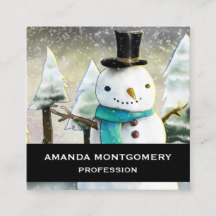 Whimsical Snowman in Winter Christmas Drawing Square Business Card