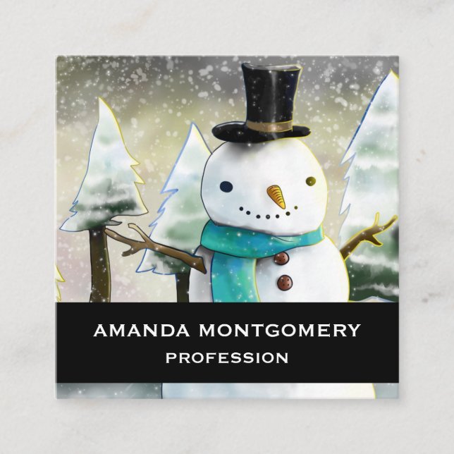 Whimsical Snowman in Winter Christmas Drawing Square Business Card (Front)