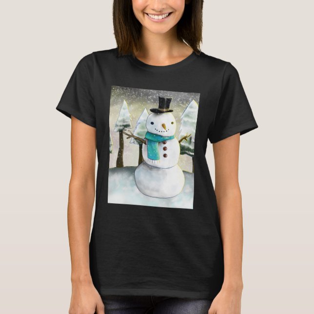 Whimsical Snowman in Winter Christmas Drawing T-Shirt (Front)