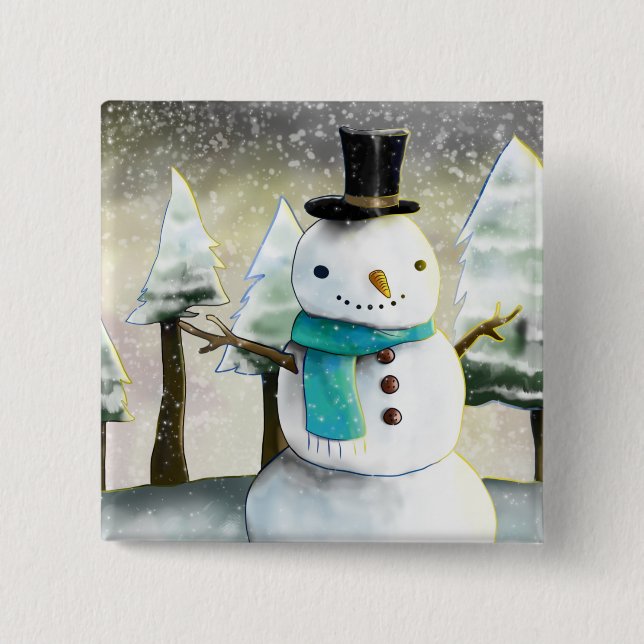 Whimsical Snowman in Winter Christmas Scene 15 Cm Square Badge (Front)