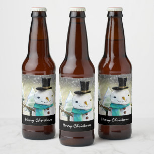 Whimsical Snowman in Winter Christmas Scene Beer Bottle Label