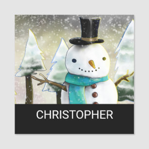 Whimsical Snowman in Winter Christmas Scene Name Tag