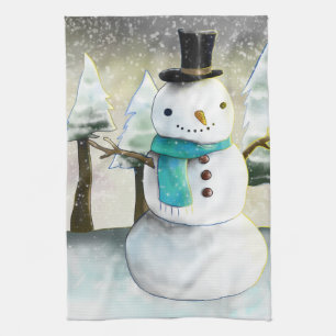 Whimsical Snowman in Winter Christmas Scene Tea Towel