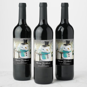 Whimsical Snowman in Winter Christmas Scene Wine Label