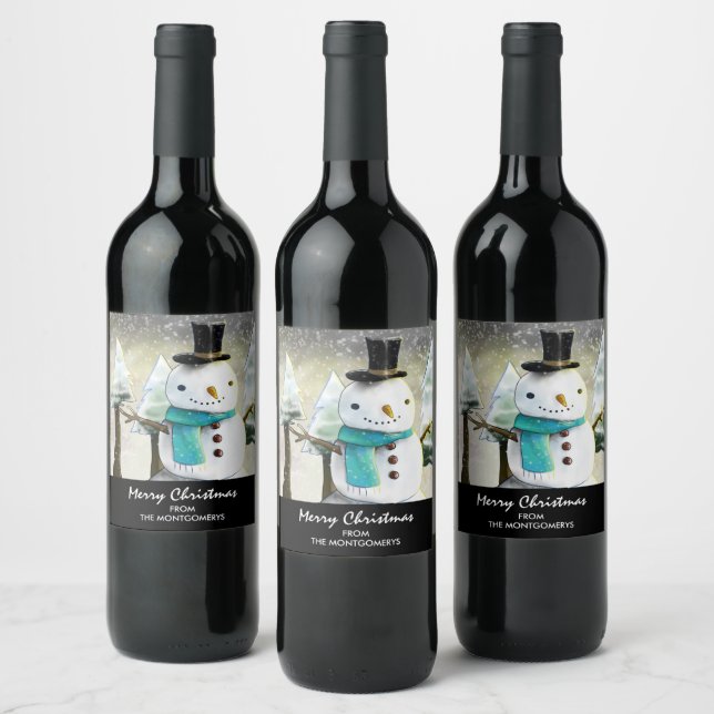 Whimsical Snowman in Winter Christmas Scene Wine Label (Bottles)