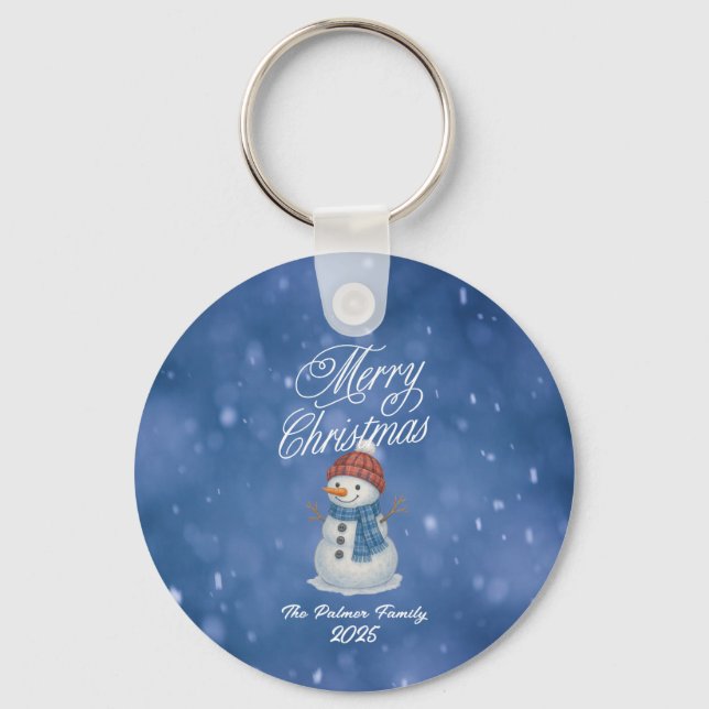 Whimsical Snowman Merry Christmas Key Ring (Front)