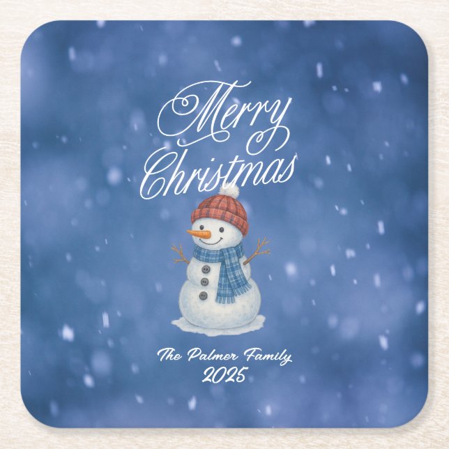 Whimsical Snowman Merry Christmas Square Paper Coaster (Front)