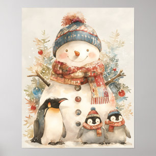 whimsical Snowman Penguins Watercolor Winter Decor