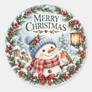 Whimsical Snowman Robin Woodland Merry Christmas Classic Round Sticker