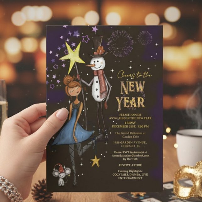 Whimsical Snowman & Starry Night New Year's Eve Invitation (Whimsical Snowman & Starry Night New Year's Eve Invitation)