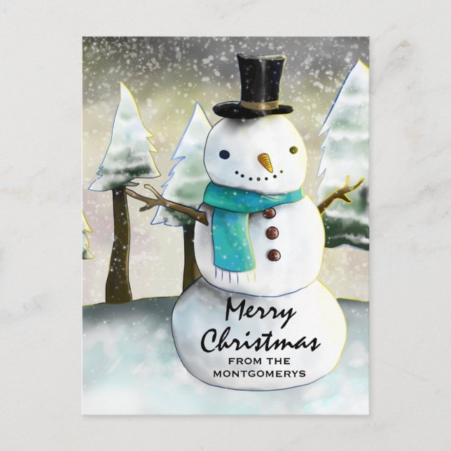Whimsical Snowman Winter Scene Christmas Holiday Postcard (Front)