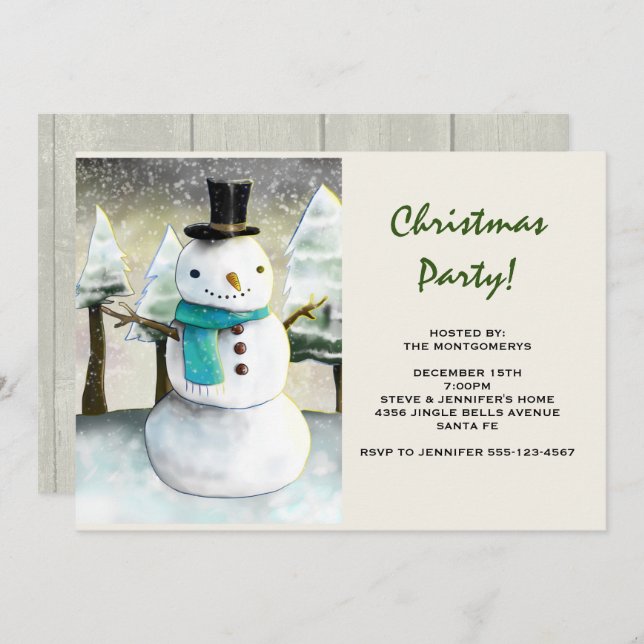 Whimsical Snowman Winter Scene Christmas Party Invitation (Front/Back)