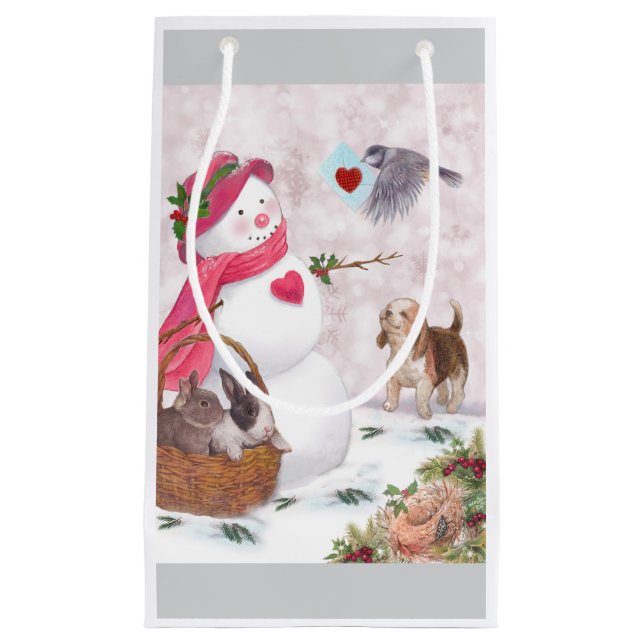 Whimsical Snowman with Animals Peace Small Gift Bag (Front)
