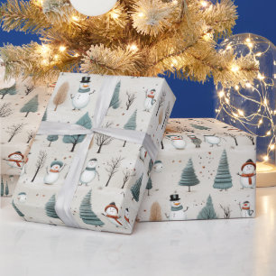 Whimsical Snowmen and Christmas Trees  Wrapping Paper
