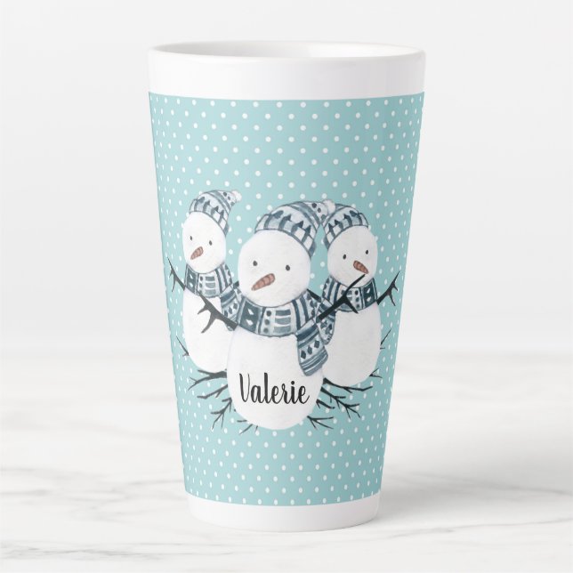 Whimsical Snowmen Trio Winter Polka Dots Latte Mug (Front)