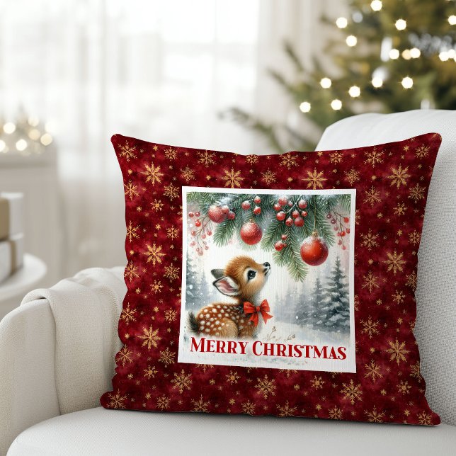 Whimsical snowy forest baby deer festive Christmas Cushion (Whimsical snowy forest baby deer festive Christmas pillow)