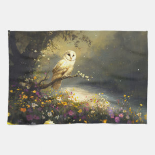 Whimsical Snowy White Owl Wildflowers Art Tea Towel