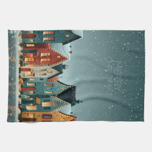 Whimsical Snowy Winter Village Merry Christmas Tea Towel
