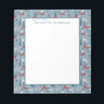 Whimsical Snowy Woodland Foxes Bird Nordic Pattern Notepad<br><div class="desc">Modern Nordic Scandi style pattern of painted whimsical woodland winter with foxes and winter birds: snow owls and bullfinches,  in neutral tones of blue,  red,  and white,  with dark grey trees and branches.</div>