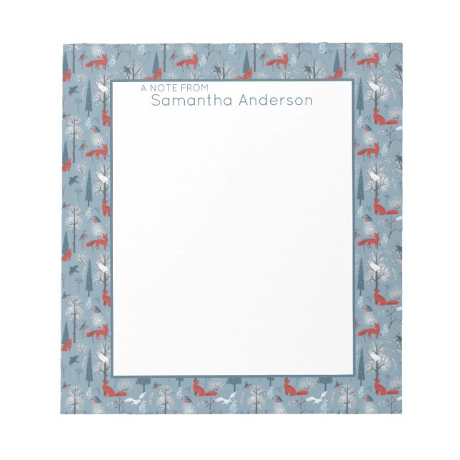 Whimsical Snowy Woodland Foxes Bird Nordic Pattern Notepad (Front)