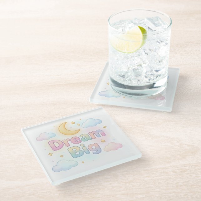 Whimsical soft pastel quote on white glass coaster (Angled)